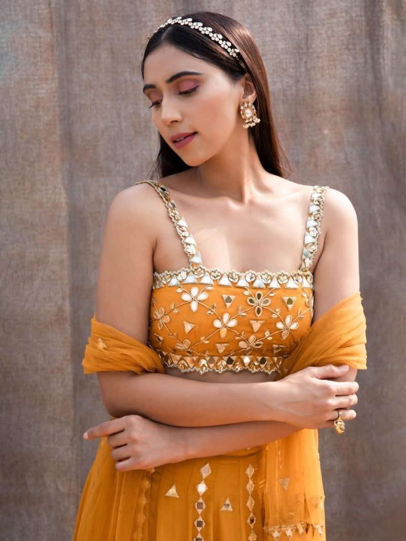 Mirror Lines Yellow Lehenga And Bustier With Dupatta - Image 3