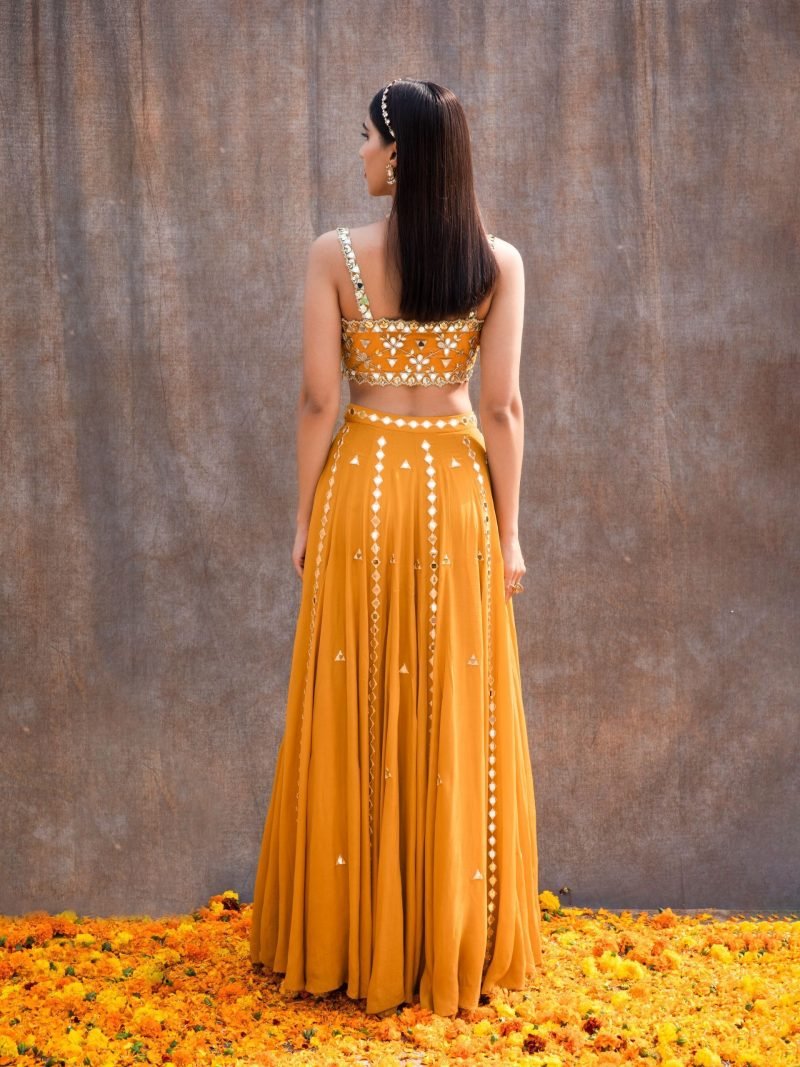 Mirror Lines Yellow Lehenga And Bustier With Dupatta - Image 5