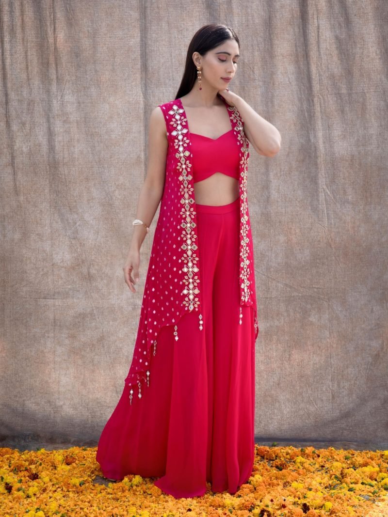 Dark Pink Mirror Work Asymmetrical Cape Top And Palazzo