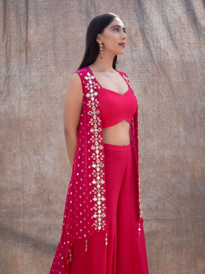 Dark Pink Mirror Work Asymmetrical Cape Top And Palazzo - Image 3