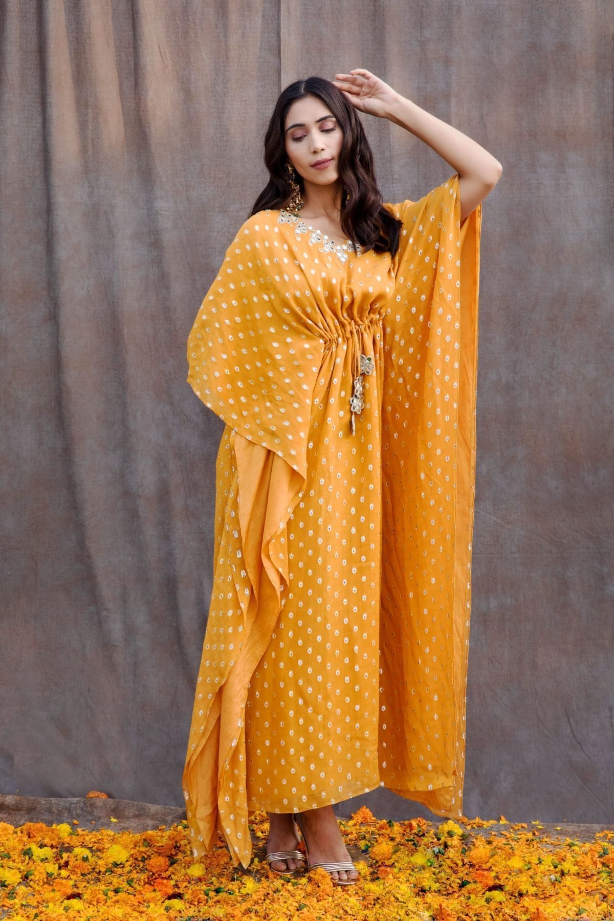 Yellow Color Mirror Work Floor Length Kaftan
