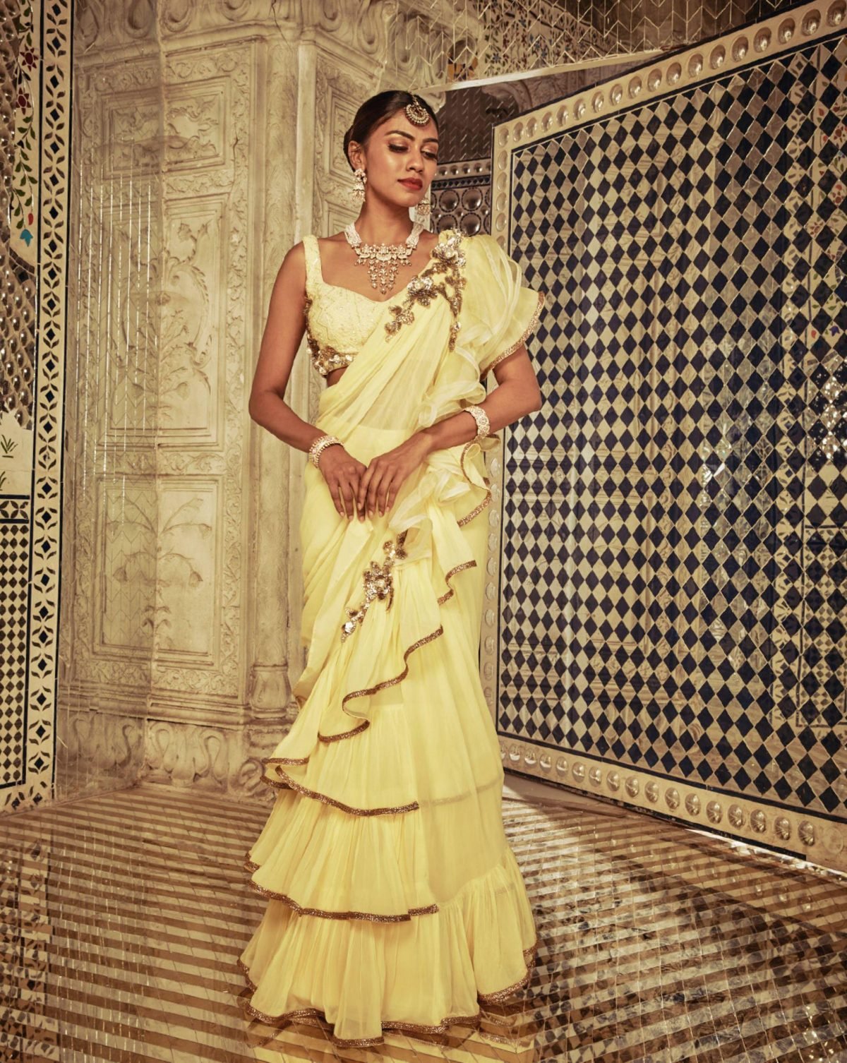 Yellow Color Lucknowi Ruffle Sari