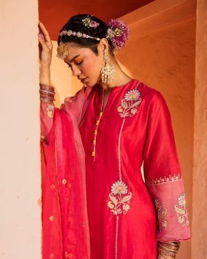 Pink Shantoon Chanderi Kurta Palazzo Set