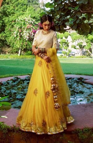 Yellow Color  Shantoon Floral Embroidered Lehenga