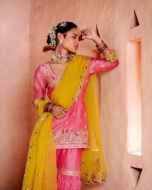 Chanderi Pink Kurta With Crinkled Gharara Set