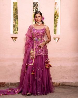 Purple Shantoon Silk Embroidered Kurta Sharara