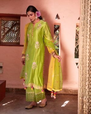 Green Shantoon Resham Embroidered Palazzo Set