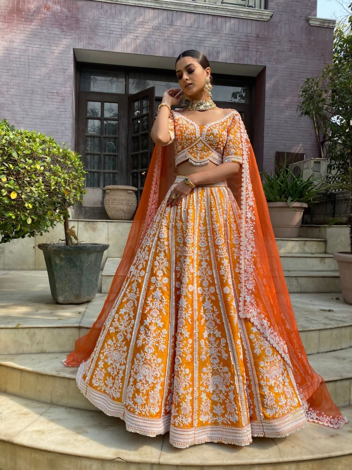 Mustard Color Silk Embroidered Lehenga Set
