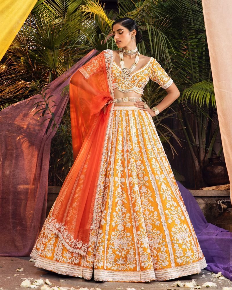Mustard Color Silk Embroidered Lehenga Set - Image 3