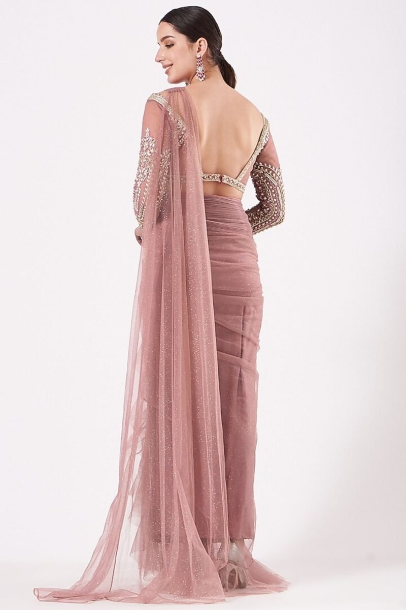 Onion Pink Color Shimmer Draped Saree Set - Image 4