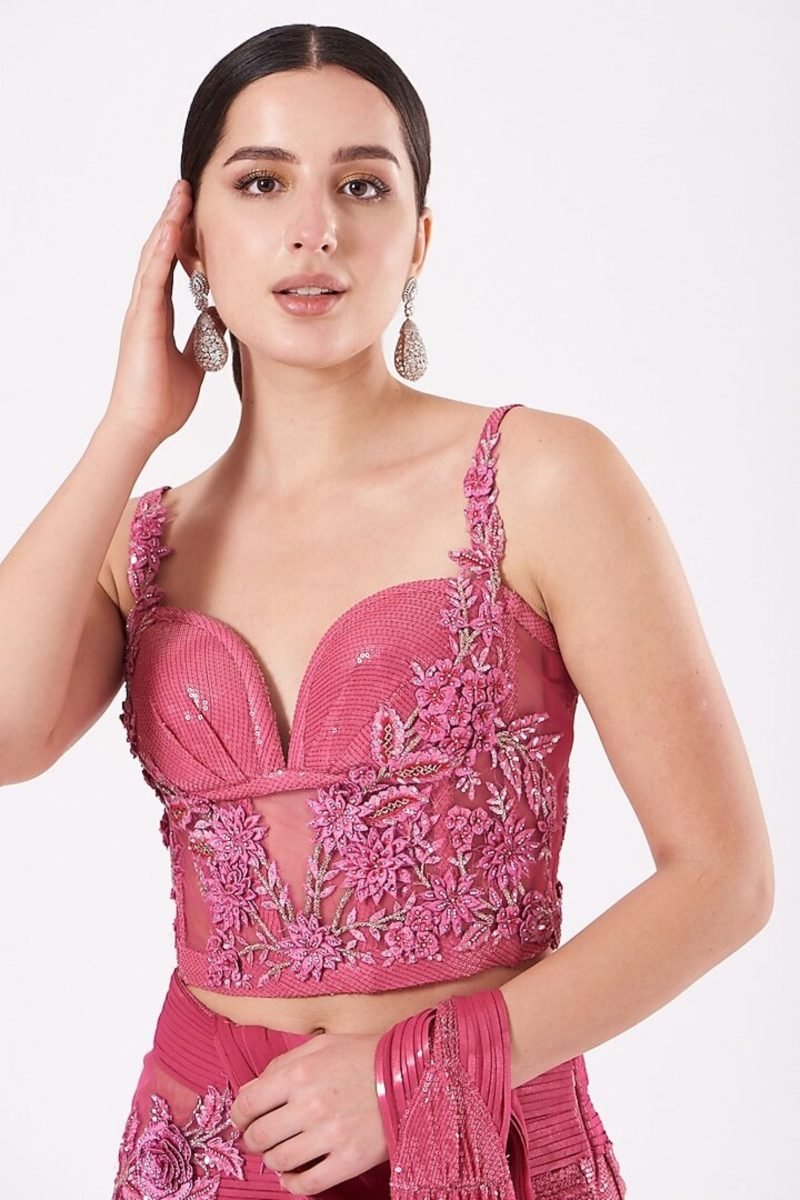 Hot Pink Color Embroidered Georgette Lehenga Set - Image 2