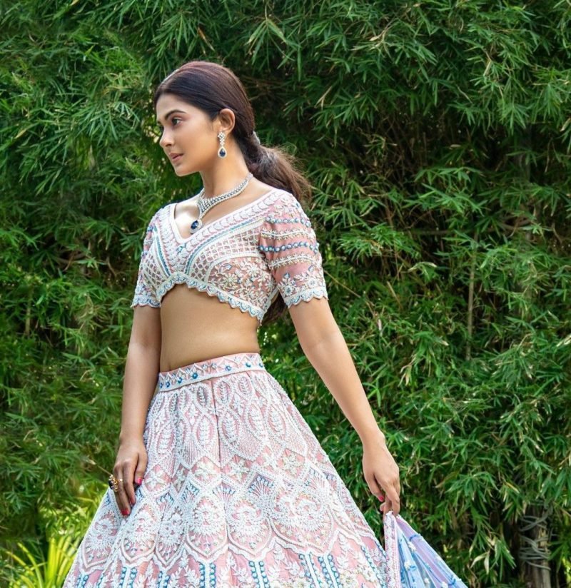 Blush Pink & Blue Color Embroidered Lehenga Set