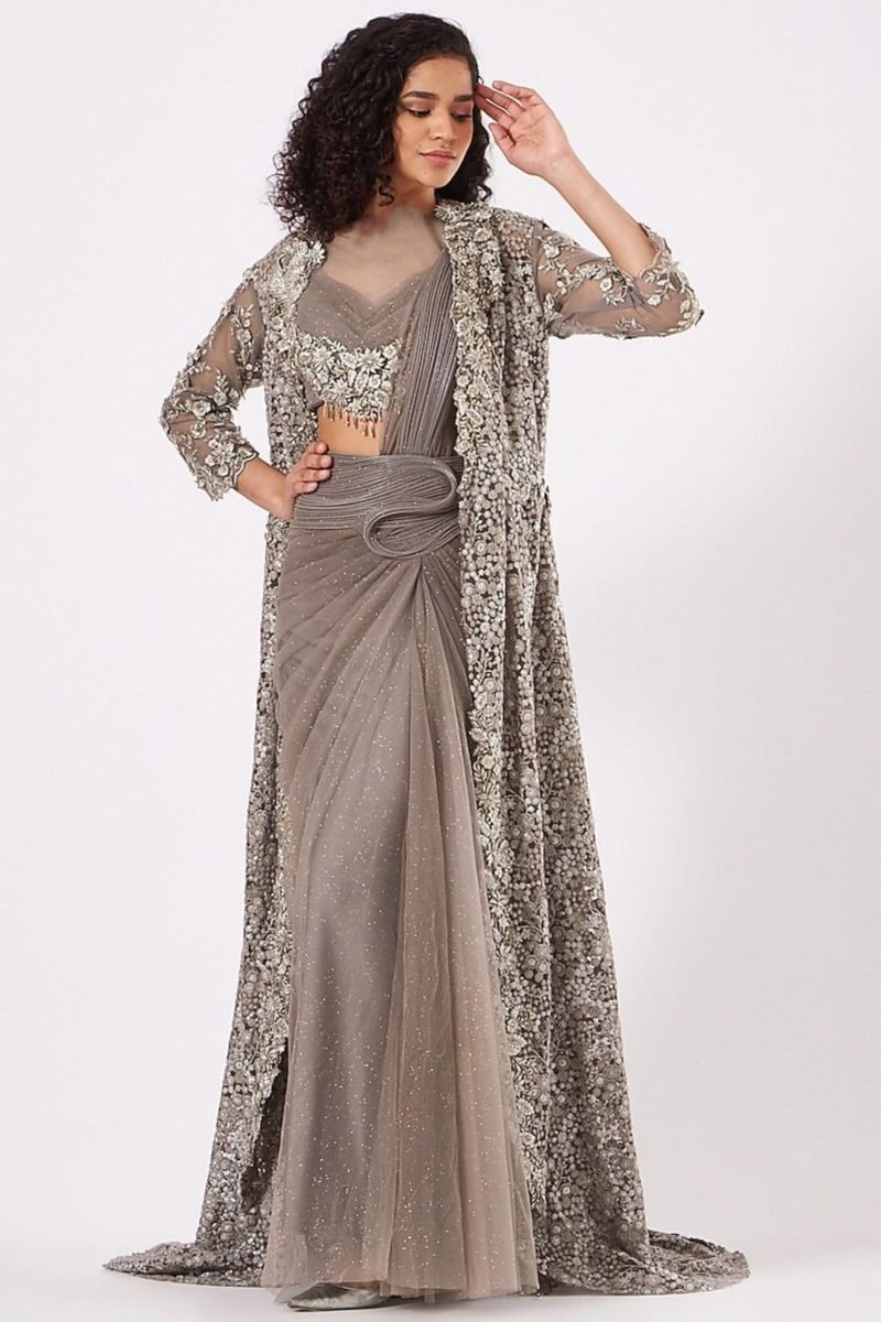 Taupe Grey Color Shimmer Draped Saree Set