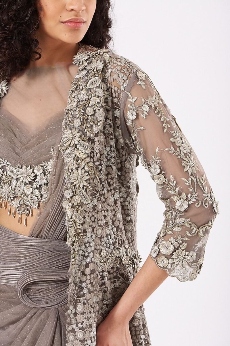 Taupe Grey Color Shimmer Draped Saree Set - Image 3