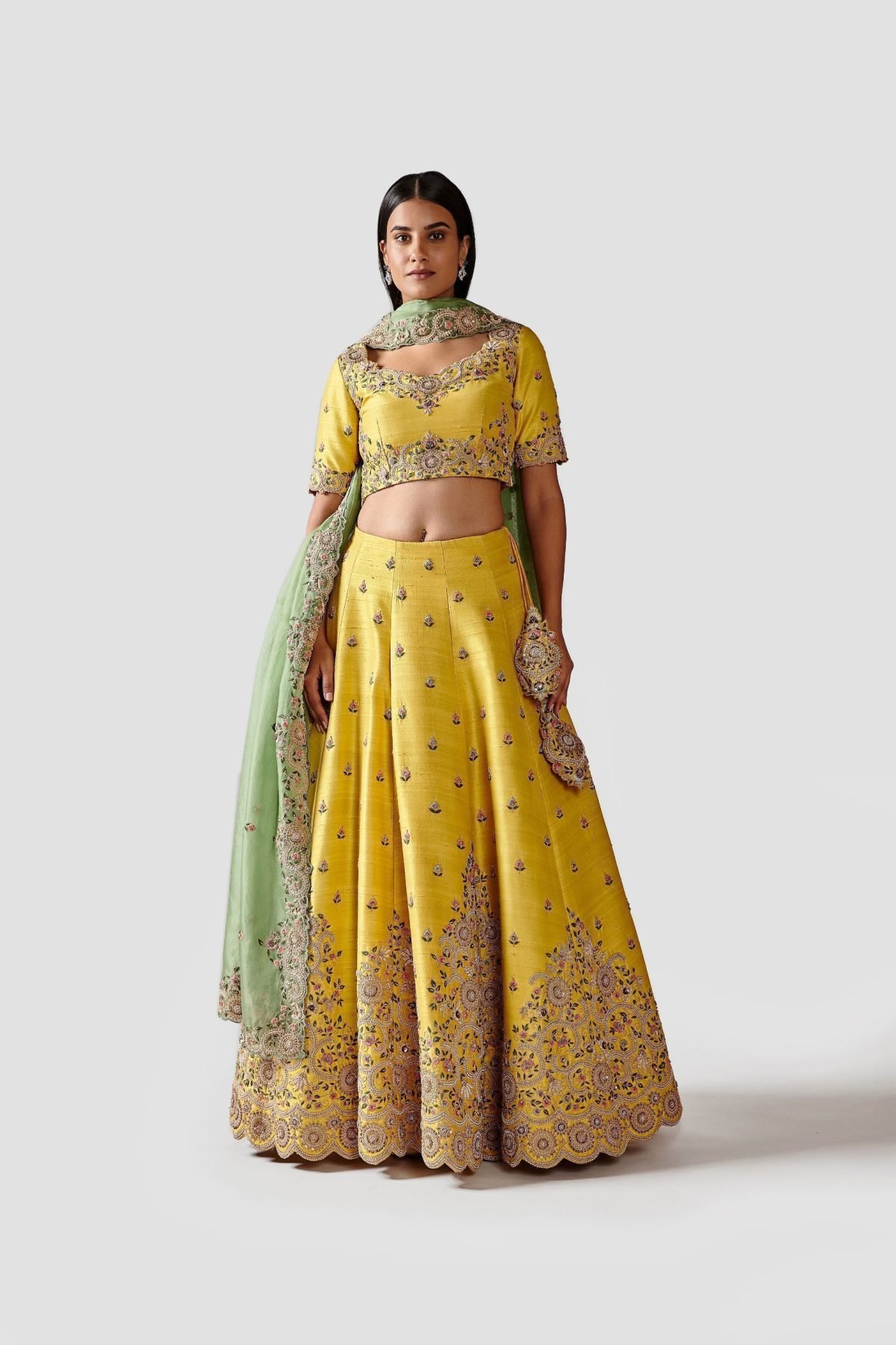 Pretty Yellow Color Lehenga With Green Dupatta