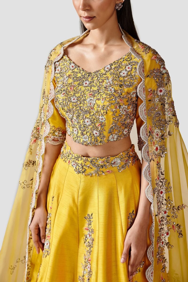 Beautiful Yellow Color Raw Silk Lehenga Set - Image 3