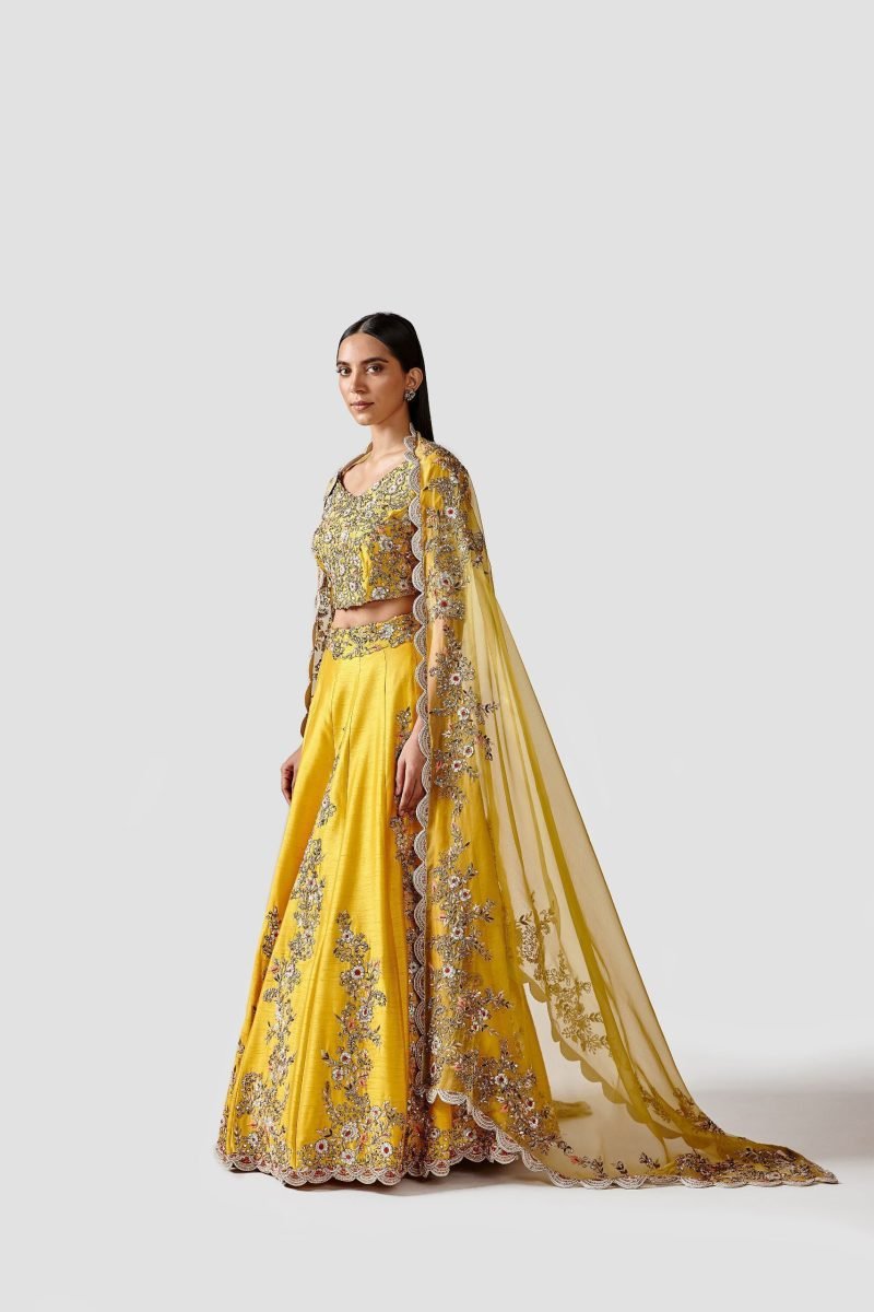 Beautiful Yellow Color Raw Silk Lehenga Set - Image 4