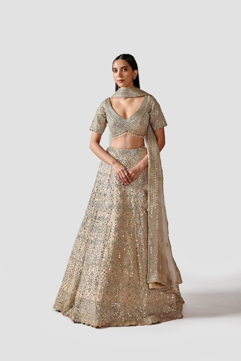 Golden Tissue with Mirror Embroidery Lehenga Set