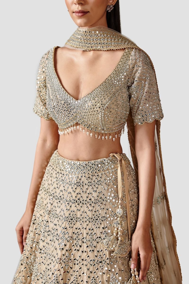Golden Tissue with Mirror Embroidery Lehenga Set - Image 4