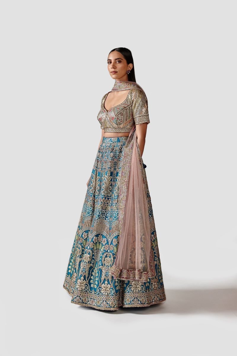 Alluring Teal Blue Color Silk Banaras Lehenga Set - Image 2