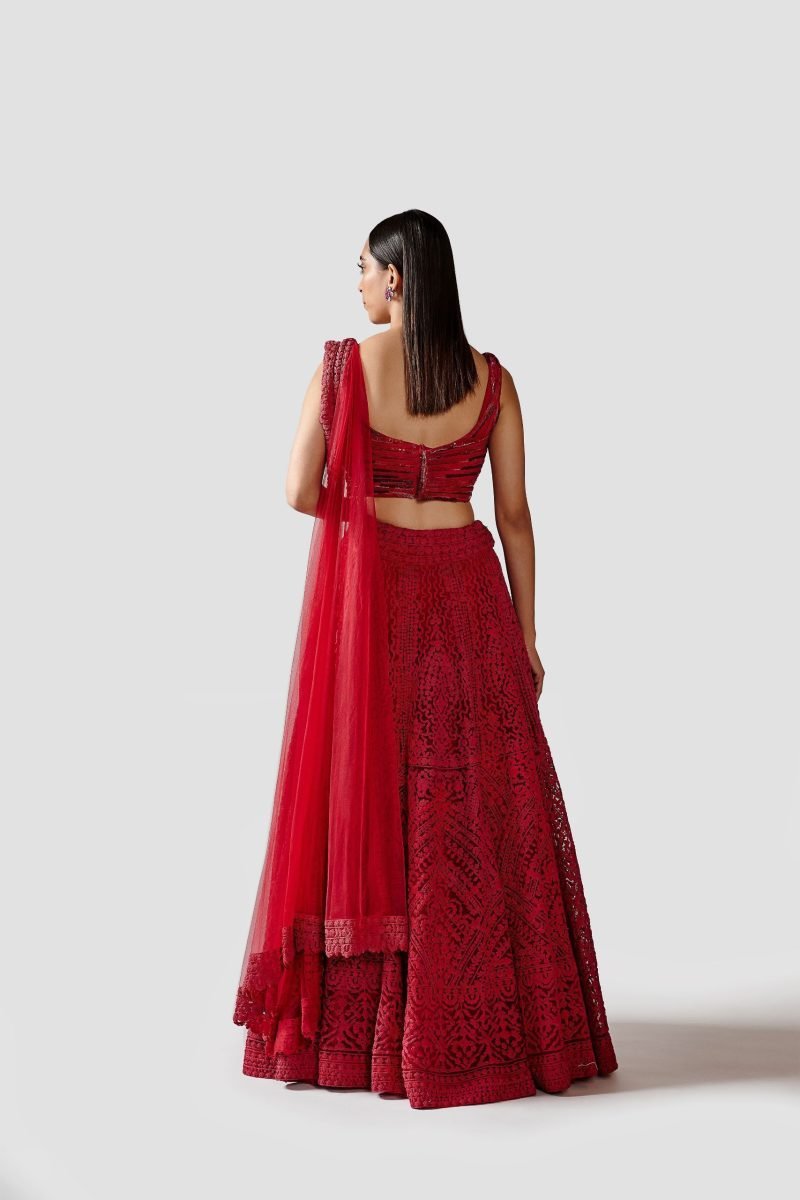 Beautiful Red Color Net Lehenga Set With Crepe Blouse - Image 5