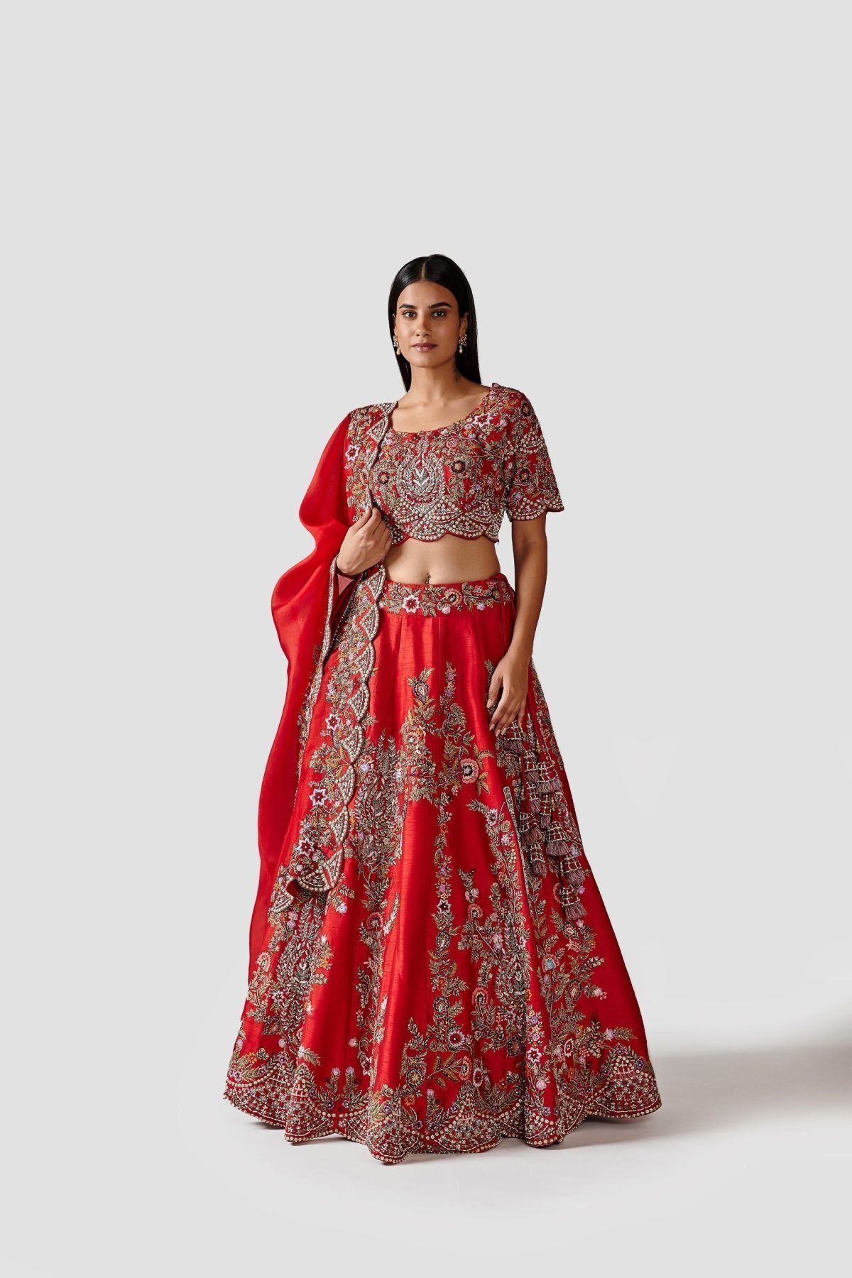 Stunning Tomato Red Color Raw Silk Lehenga