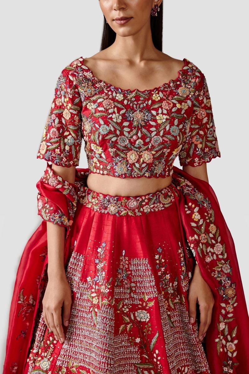 Red Color Raw Silk Designer Lehenga - Image 3