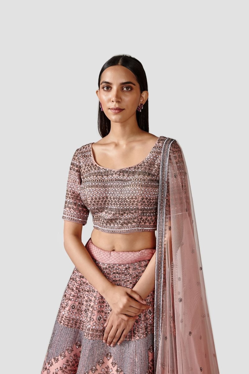 Muted Pink Color Embroidered Raw Silk Lehenga Set - Image 2