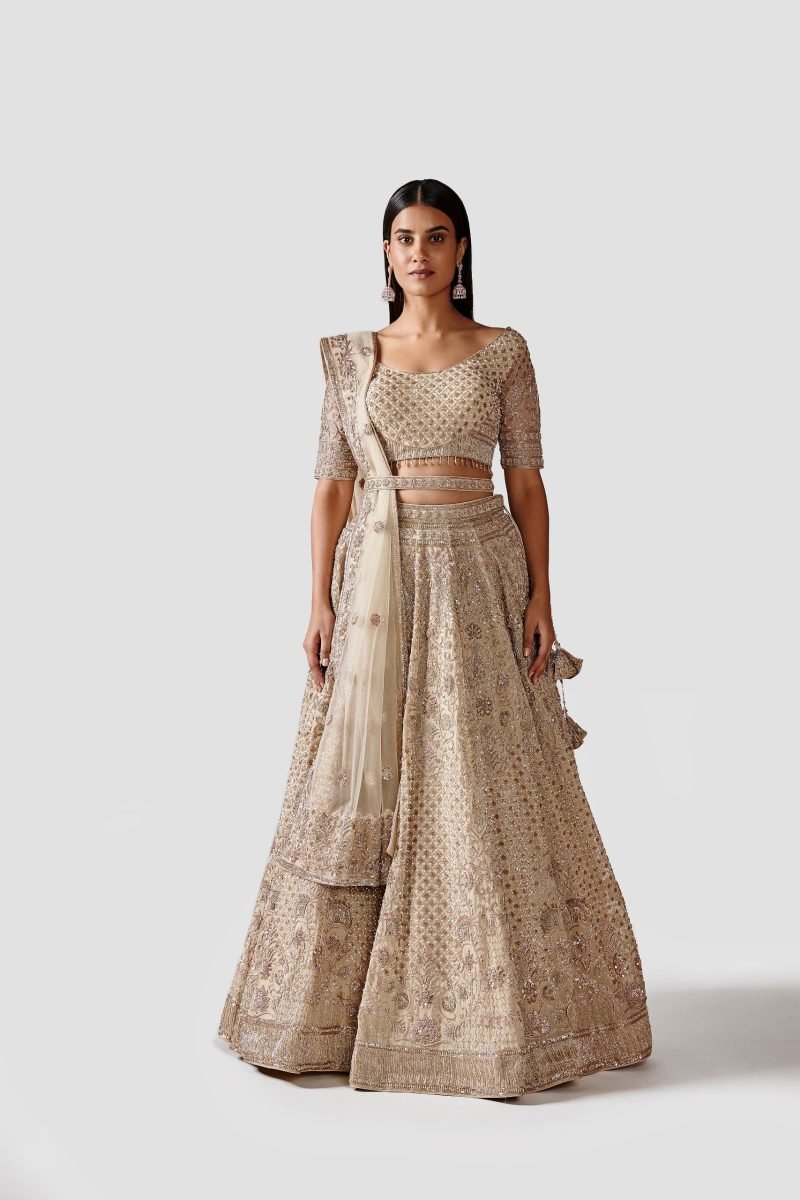 Dazzling Ivory Gold Color Georgette Lehenga Set