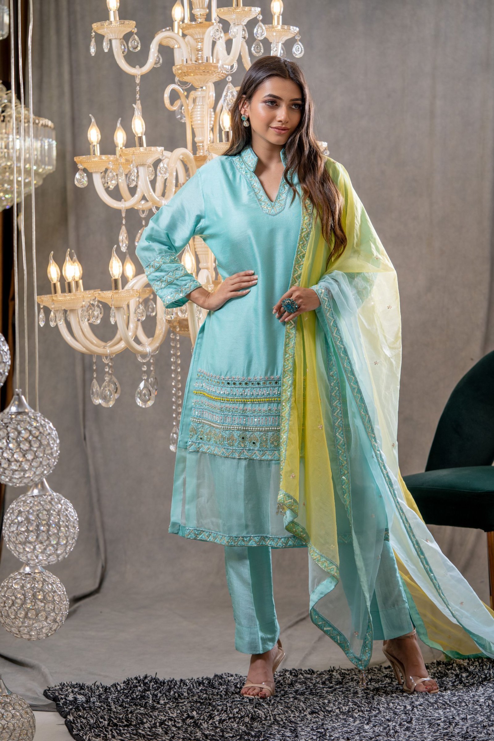 Blue Organza Tara Embroidered Kurta Set