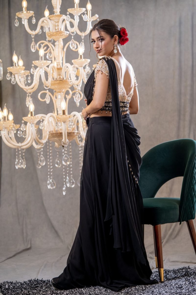 Black Georgette Pre-draped Saree With Blouse - Image 2