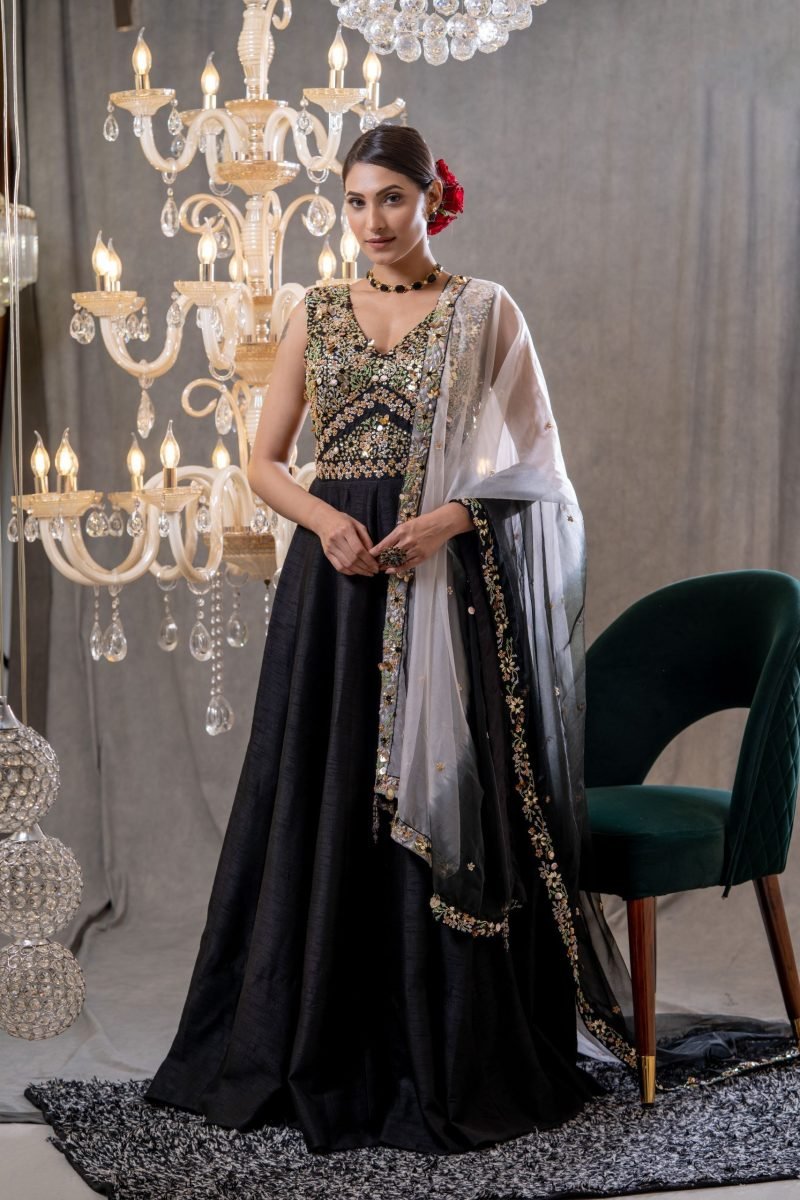 Black Crepe Floral Embroidered Anarkali Set