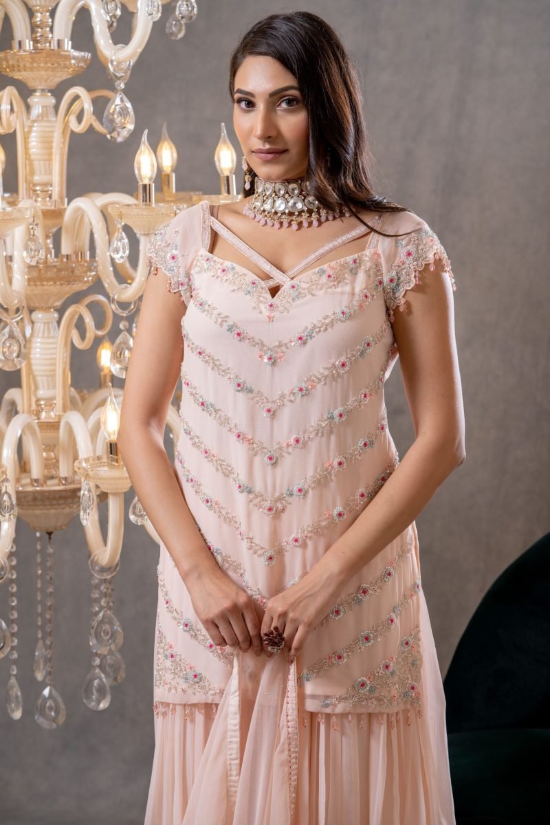 Pink Color Georgette Threadwork Designer Kurta Skirt Set