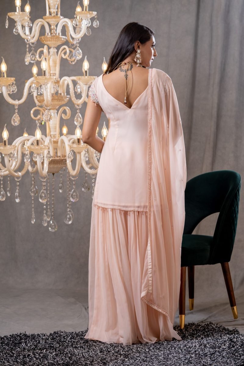 Pink Color Georgette Threadwork Designer Kurta Skirt Set - Image 3