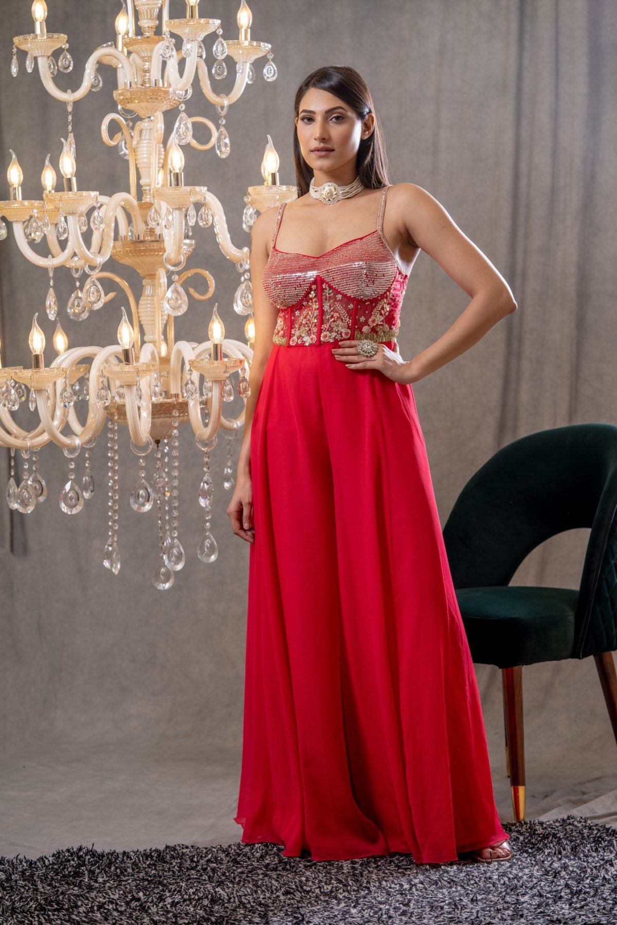 Pink Silk Ruby Sequin Embroidered Jumpsuit