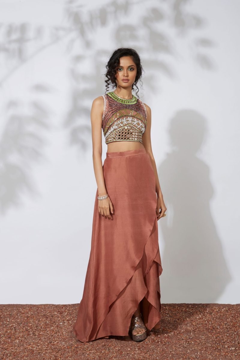 Brown Crepe Embroidered Top And Sharara Set