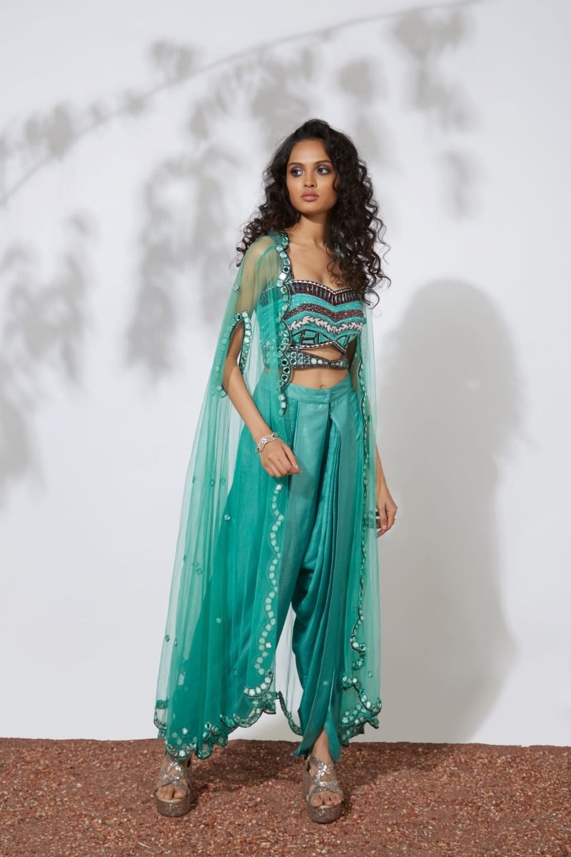 Aqua Dhoti Pants With Embroidered Choli & Net Cape - Image 2