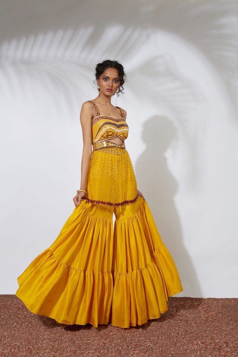 Yellow Sharara with Embroidered Bustier Choli - Image 3