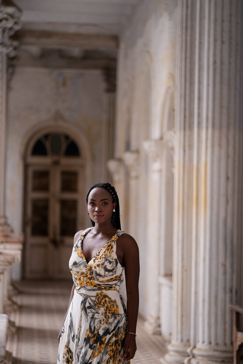 Yellow & White Satin summertime Animal Print Party Wear Gown - Image 3