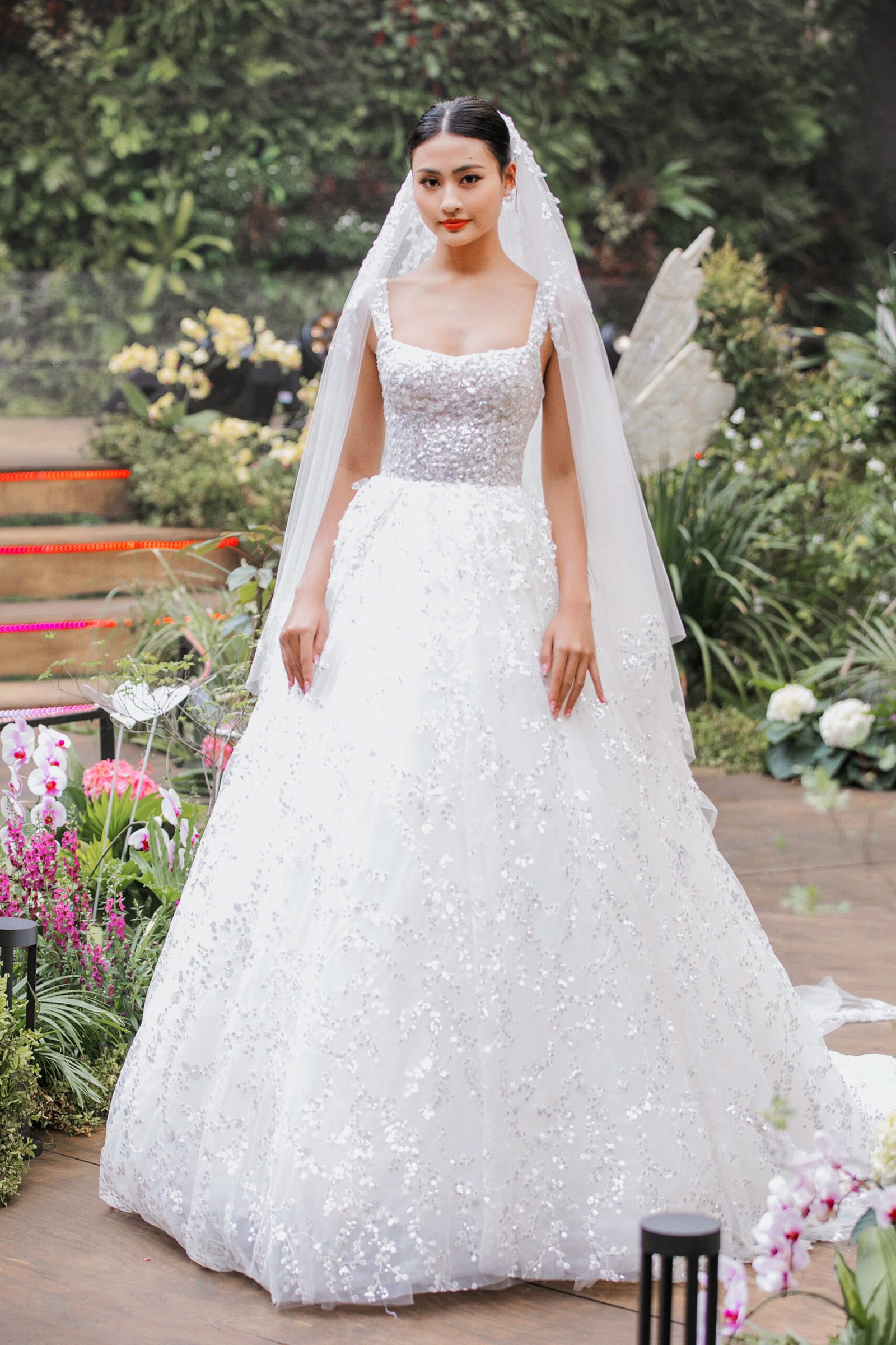 Pristine White Tana Daisy Embroidered Tulle Bridal Gown