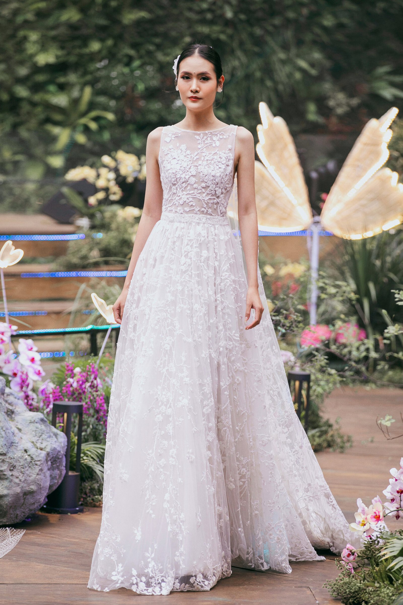 White Stone & Lace Embroidered  A -line Silhouette Bridal Gown