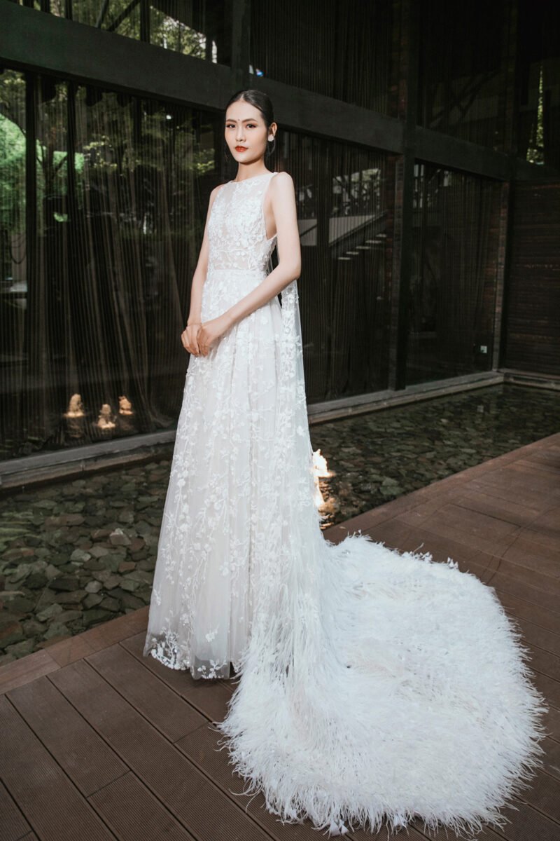 White Stone & Lace Embroidered  A -line Silhouette Bridal Gown - Image 2