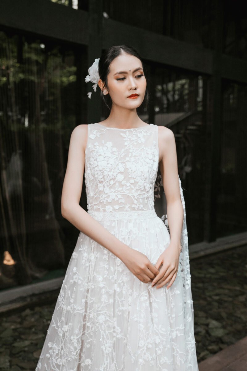 White Stone & Lace Embroidered  A -line Silhouette Bridal Gown - Image 3
