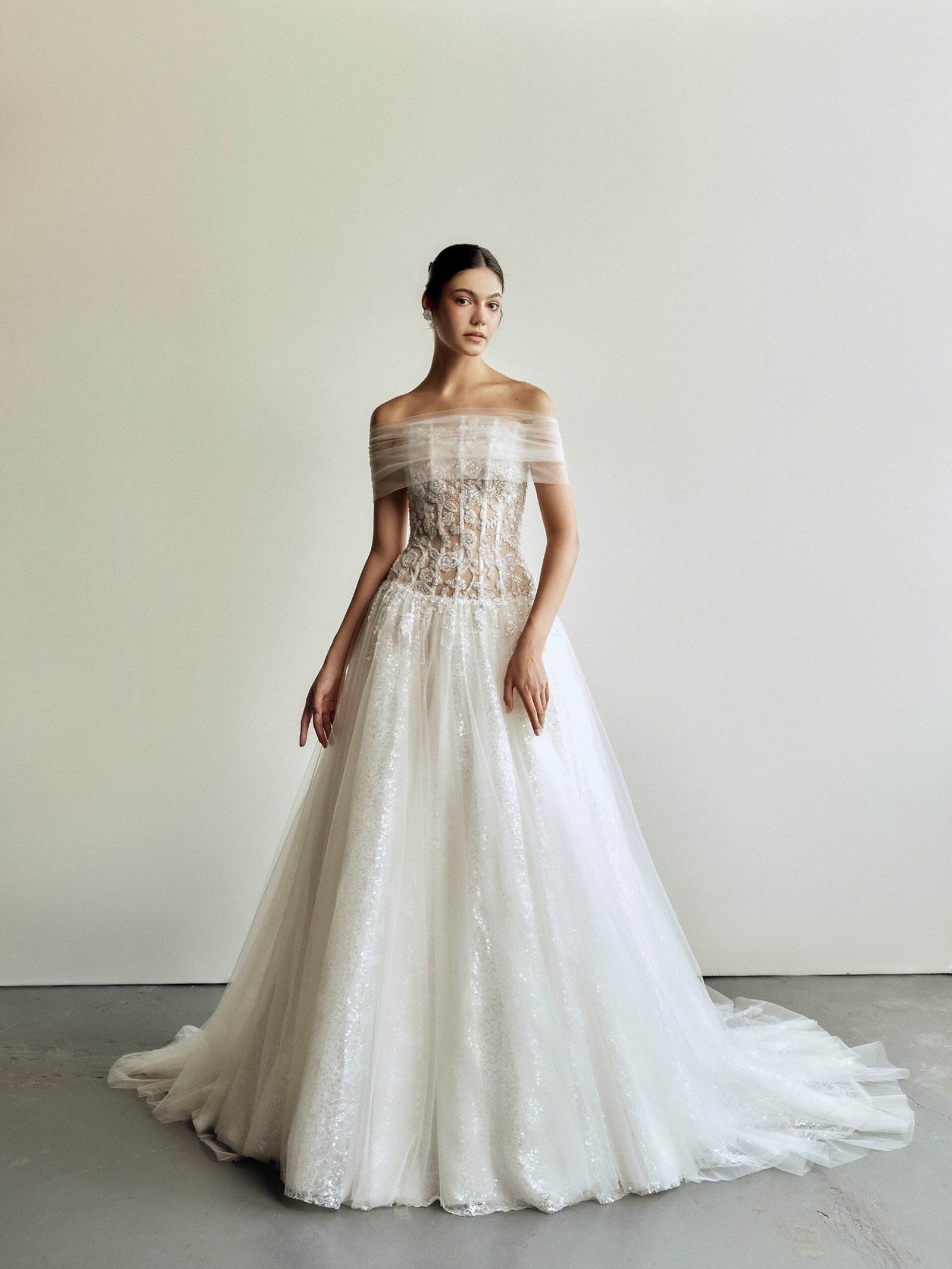White Off Shoulder Handcrafted 3D rose appliques Bridal Gown