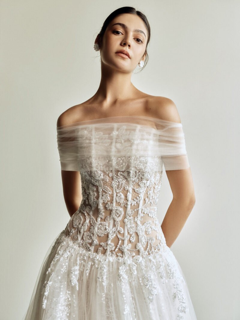 White Off Shoulder Handcrafted 3D rose appliques Bridal Gown - Image 2