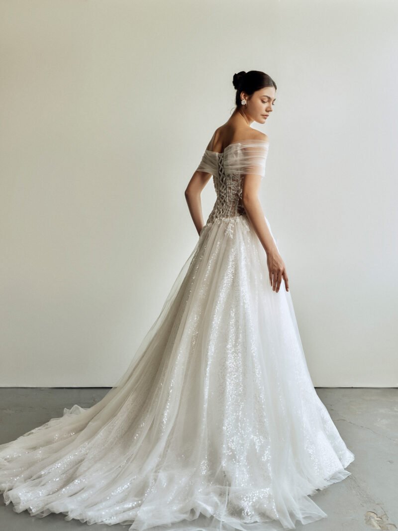White Off Shoulder Handcrafted 3D rose appliques Bridal Gown - Image 3