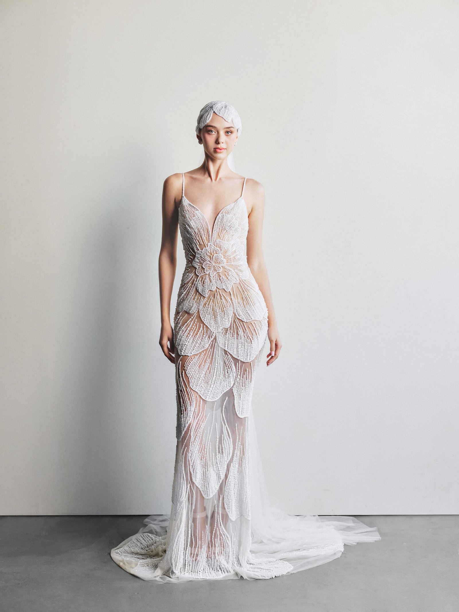 White Tulle Designer Floral Motifs & Shimmering Crystals Mermaid Bridal Gown