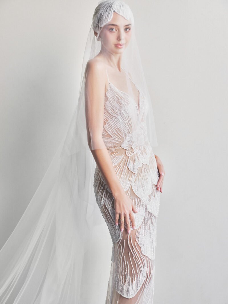 White Tulle Designer Floral Motifs & Shimmering Crystals Mermaid Bridal Gown - Image 2