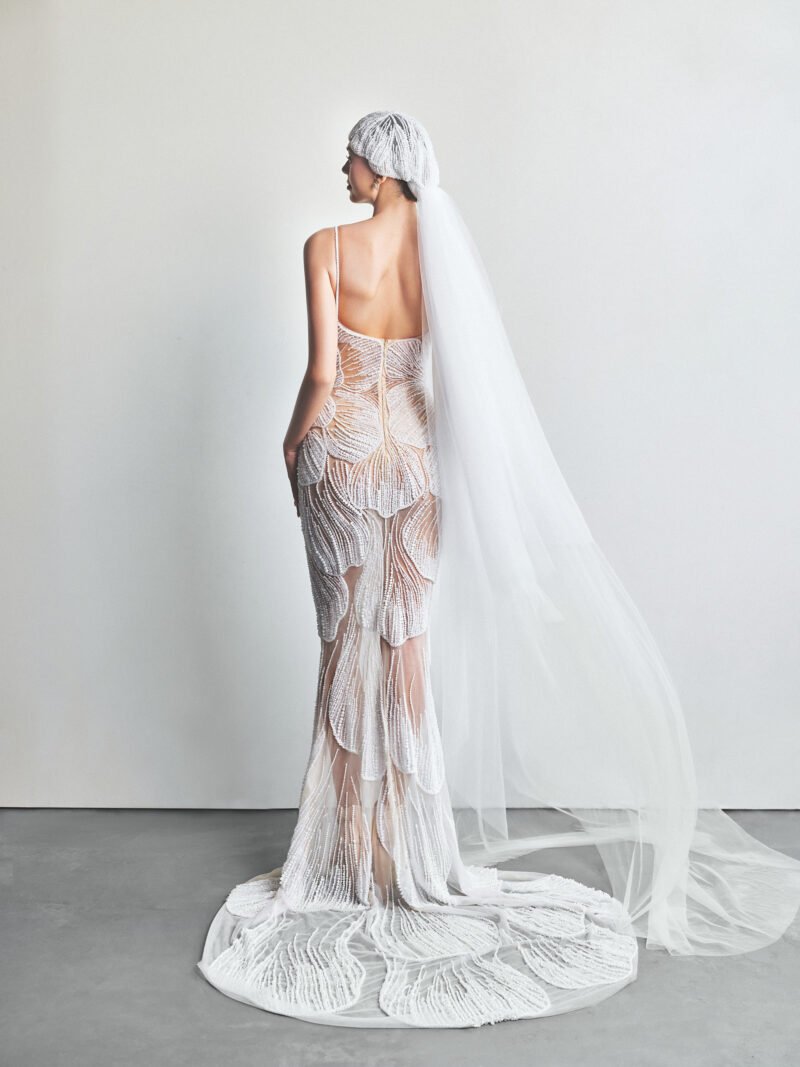 White Tulle Designer Floral Motifs & Shimmering Crystals Mermaid Bridal Gown - Image 3