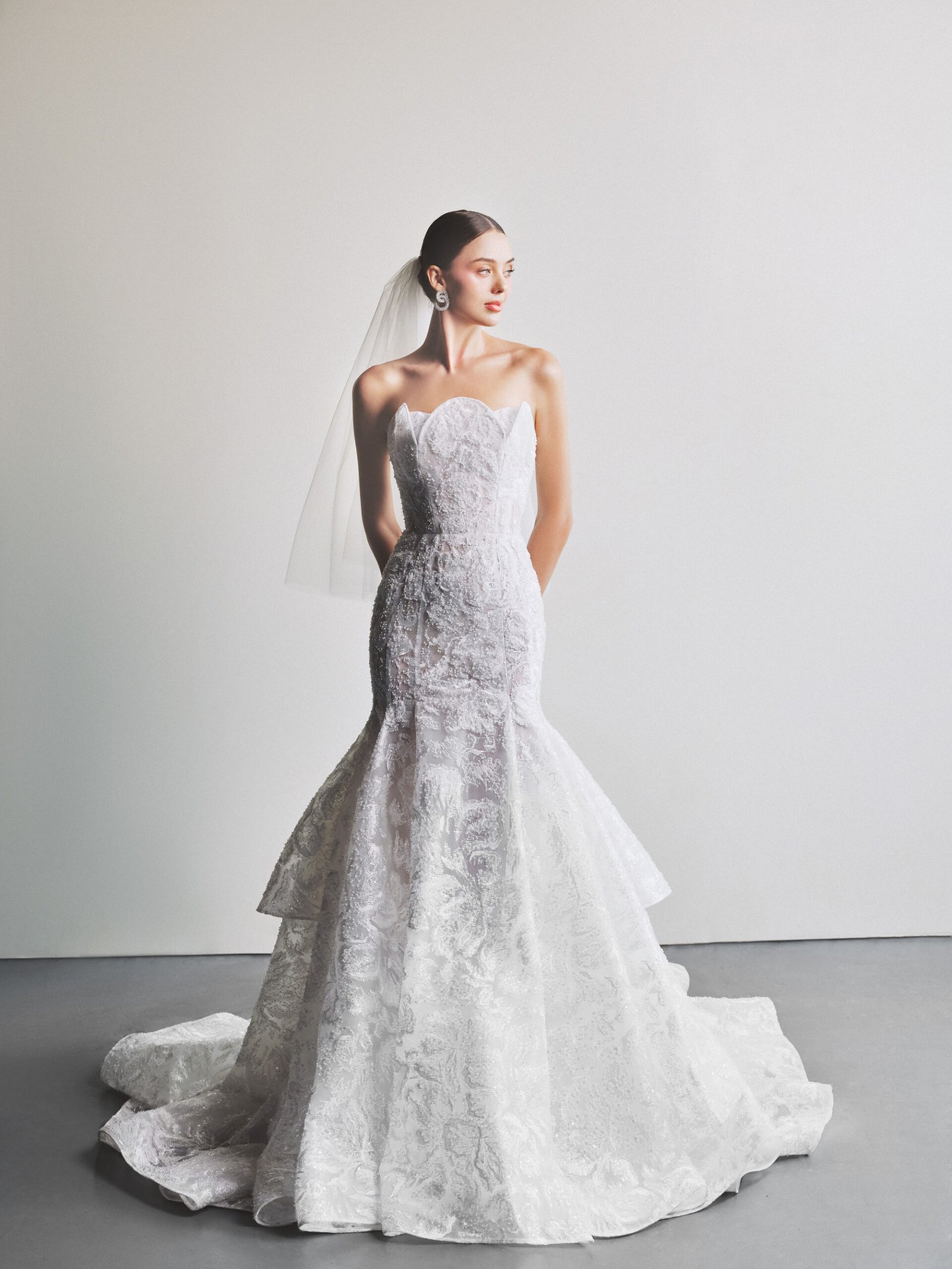White Tulle flower motif Hand embroidered Bridal gown